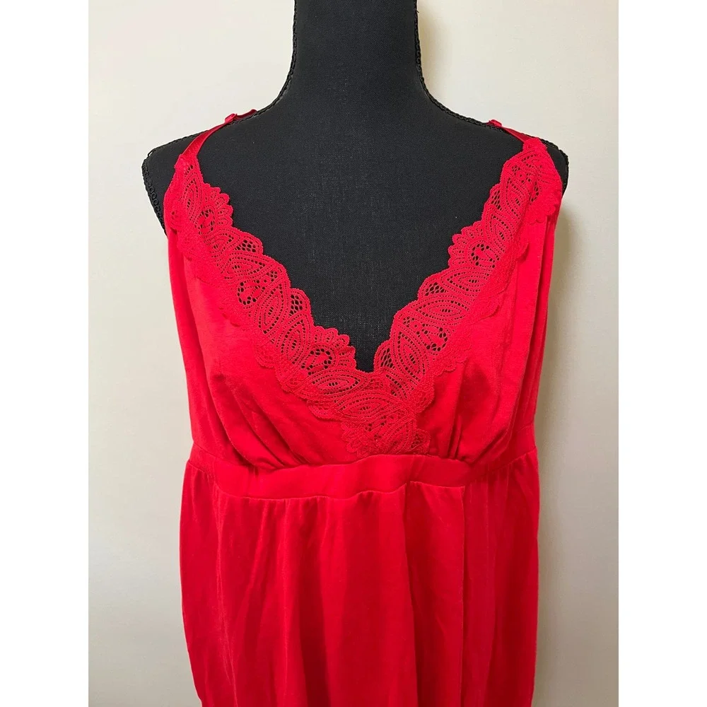Cacique Sleep Red Lace Trim Chemise Nightgown Plus Size 18/20 Racerback Lingerie